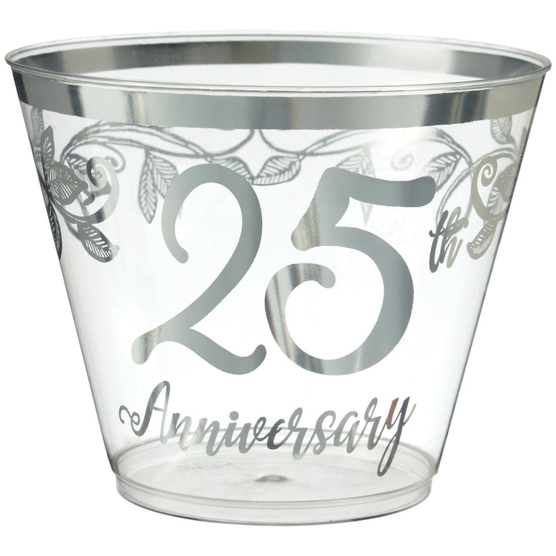 "25th Anniversary" Bordered Trimmed Plastic Reusable Tumbler Cups, Clear/Silver, 9-oz, 30-pk, for Anniversary Party A5