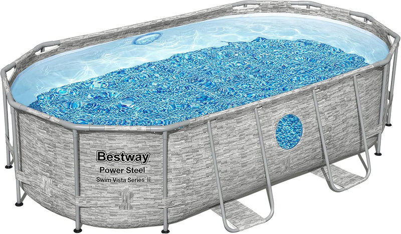 The robust steel swimming pool "Horizon Series II" - a 14 feet x 8 feet 2 inches x 39.5 inches outdoor above-ground pool package, equipped with a 530 liter/minute filtration pump, ladder and pool cover. V9