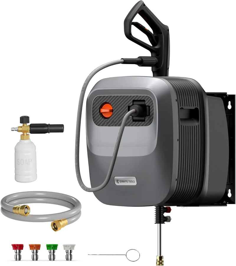 Pressure Washer G20 Pro, 2500 PSI 2.2 GPM, 180° Wall Mounted Power Washer, Auto-retract with 65FT Hose Reel, 5 Nozzles for Floor/Cars/Fences/Patios, Dark Silver W1
