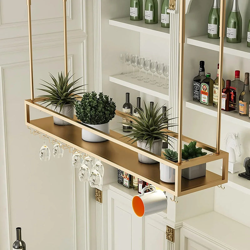 Wall Mounted Wine Rack for Bars & Restaurants Gold Metal Hanging Storage for Wine Bottles & Stem Glasses Perfect for Dining Room & Kitchen Decor Space Saving Design K8