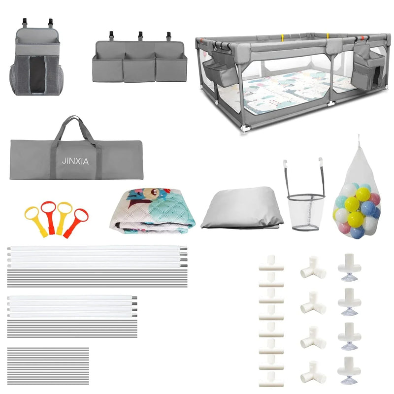 Baby Playpen with Mat 75"*59", Extra Large Playpen for Babies and Toddlers with Storage Bag, BPA-Free, Non-Toxic, Safe No Gaps Playards for Babies, Sturdy Safety Play Yard for Indoor Outdoor Fun, Grey I8