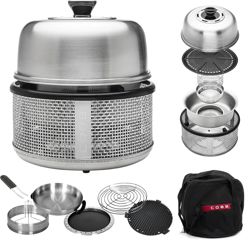 Stainless steel non-smoking portable tabletop charcoal grill with a frying pan, an outdoor barbecue grill with 10 functions, suitable for camping, boats and RVs, is the perfect combination for an outdoor kitchen (fully equipped) E5