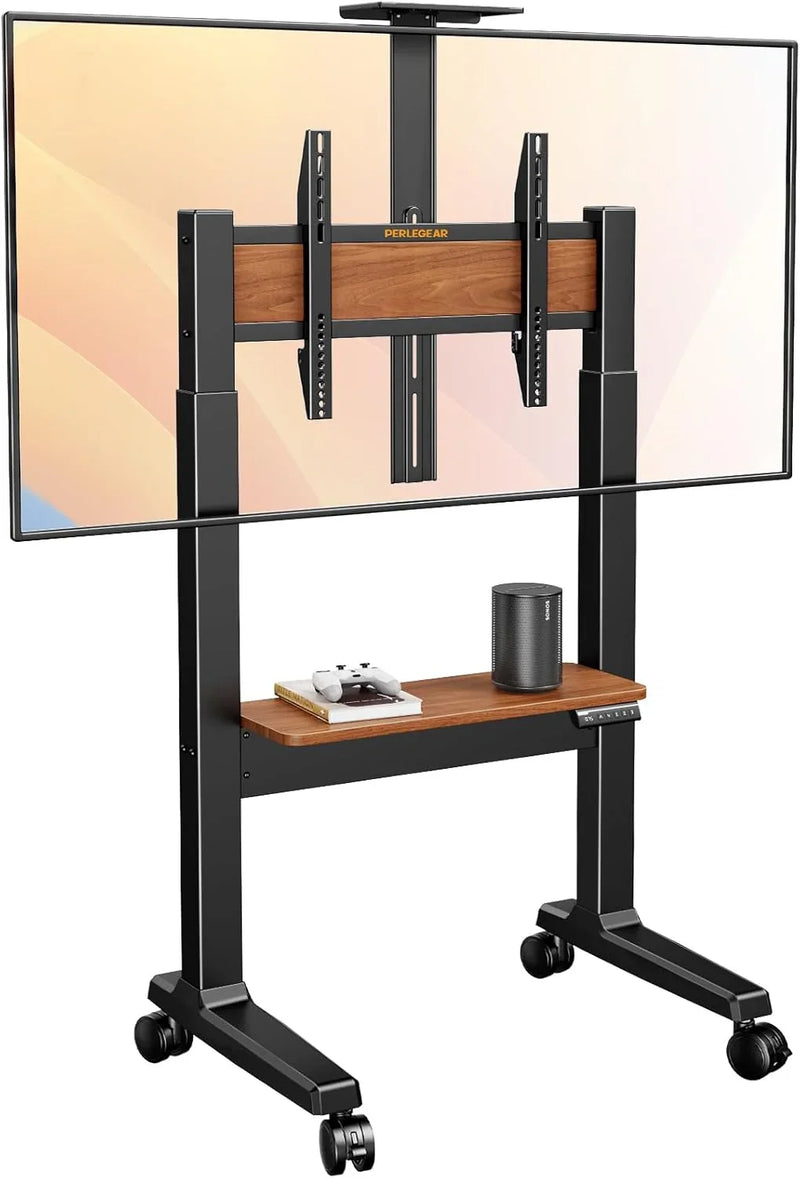 Motorized Mobile TV Stand on Wheels for 37–86 Inch TVs up to 154 lbs, Electric Height Adjustable Rolling TV Stand, VESA 200x200–600x400mm, Wooden Shelf & Panel, PGTVMC26B A2