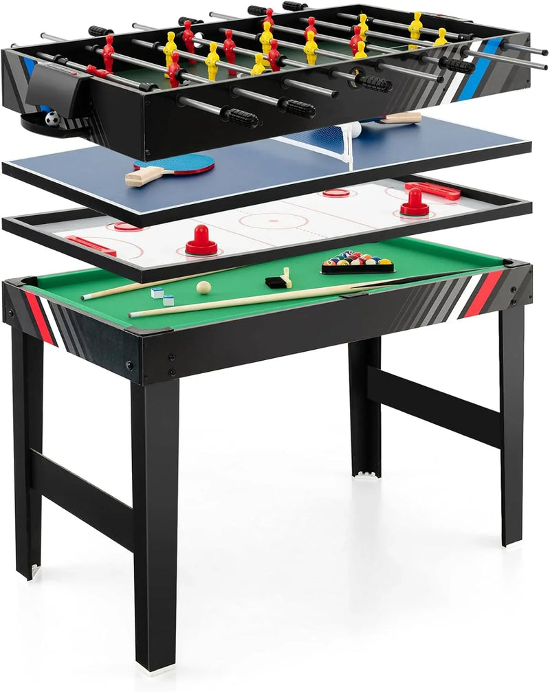 The multi-functional game table integrates a football table, a billiards table, an air curling table and a table tennis table. It is an ideal combination game table for a family game room. U4