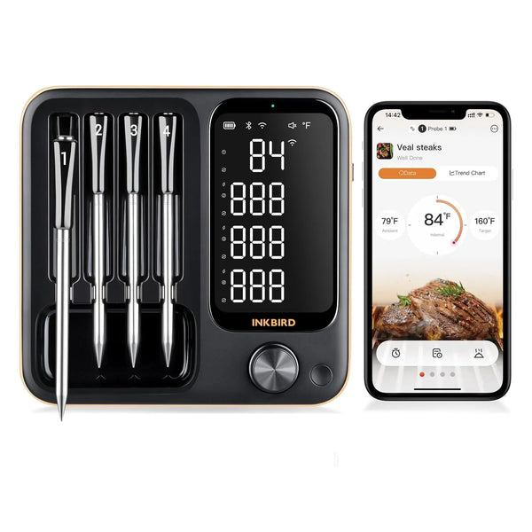 True wireless meat thermometer, equipped with 4 probes, Bluetooth meat thermometer, with backlit LCD display, Wi-Fi-enabled smart food thermometer, rechargeable, suitable for barbecue grills, charcoal grills, ovens, and rotating barbecue racks. M1