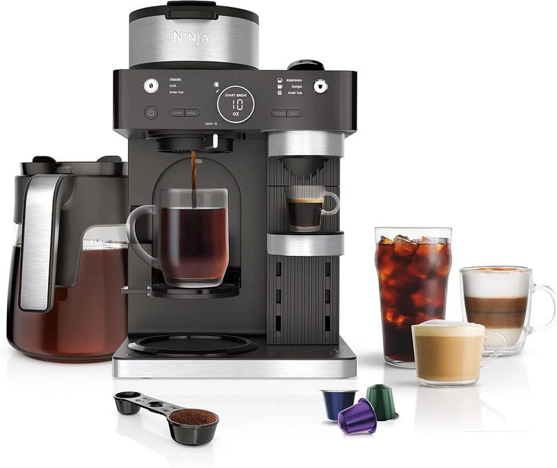 Italian espresso machine and coffee-making system, featuring three espresso brewing modes, supporting single-portion coffee and Nespresso capsules, with a built-in frother, capable of making Italian espresso, cappuccino and latte. Black style. N9
