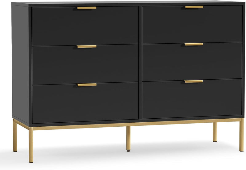 Black Dresser for Bedroom, Modern 6 Drawer Dresser, Chest of Drawers Closet Organizers and Wood Storage Clothes, White Dresser with Golden Handles for Living Room, Hallway C0