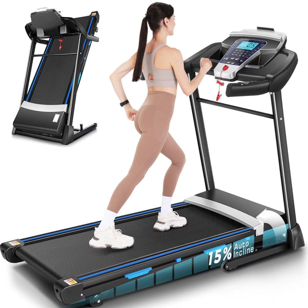 ANCHEER Folding Treadmill with 15% Auto Incline,3.25HP Ultra-silent Motor, Speed Range of 0.6~10MPH,300lb Capacity, APP Bluetooth... R5