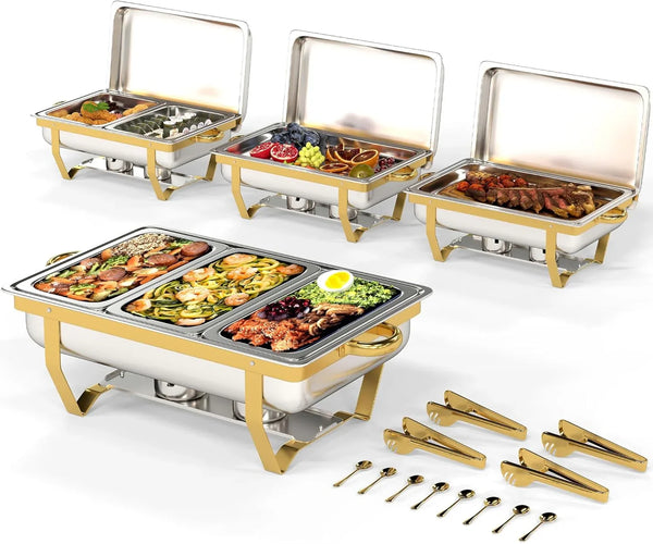 4 Pack Stainless Steel Chafing Dishes for Buffet, 9 QT Capacity 7 Pans Food Warmers for Parties, Weddings, Events Hosting, Family Gatherings, Full Set Catering Server with Serving Utensils Accessories Z4