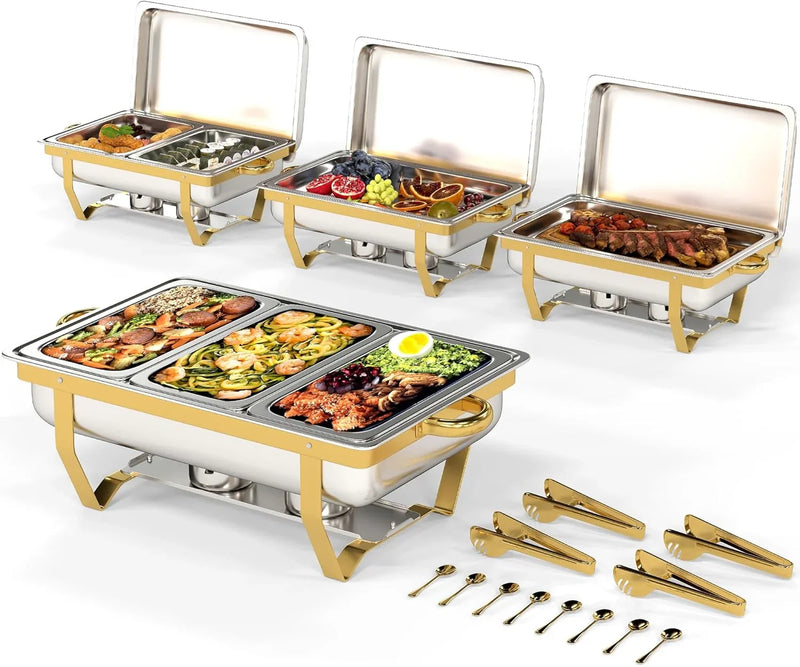 4 Pack Stainless Steel Chafing Dishes for Buffet, 9 QT Capacity 7 Pans Food Warmers for Parties, Weddings, Events Hosting, Family Gatherings, Full Set Catering Server with Serving Utensils Accessories Z4