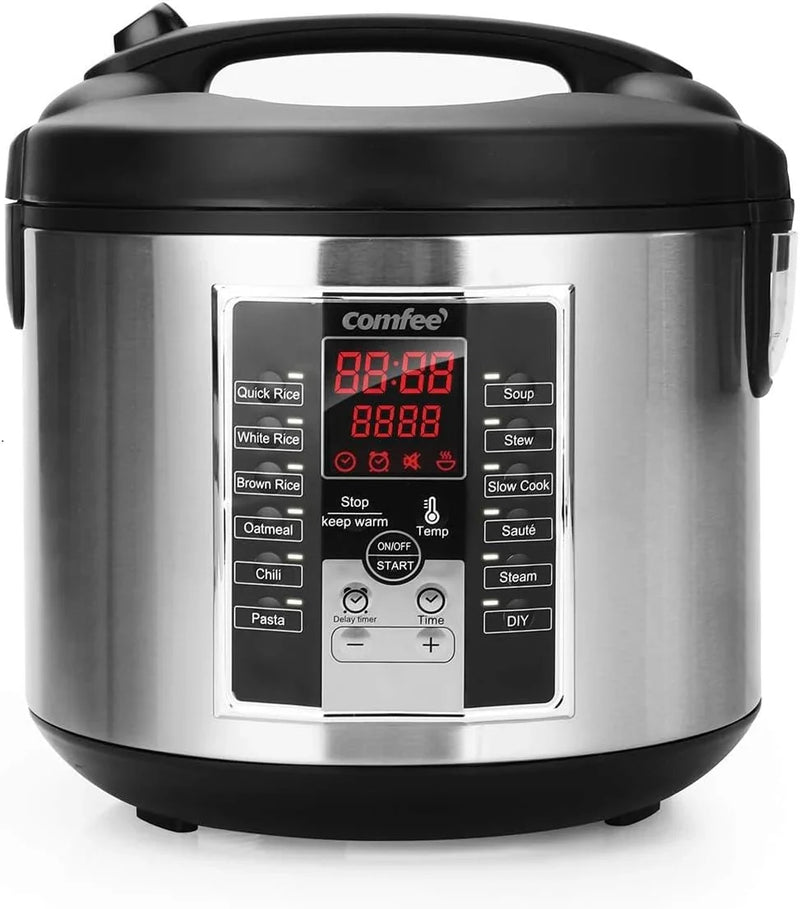 Compact electric rice cooker, 6-in-1 stainless steel multi-functional cooking utensil, slow cooker, steamer, frying pan, heater and warmer, 2-gallon capacity (8 cups cooked, 4 cups uncooked), suitable for brown rice, quinoa and oats, 6 one-button pro T5