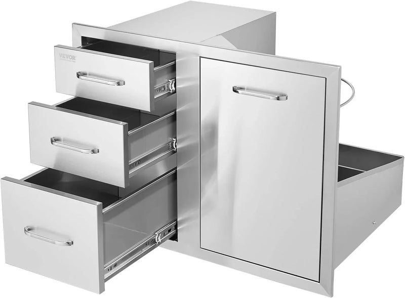 Pull Out Trash Drawer 13.4"W x 25.7"H x 19.6"D Lower Sliding Rails Stainless Steel Roll Out Trash Bin Pull Out Tray Outdoor Kitchen Trash Drawer with Handle for BBQ Island Grill Station Y9