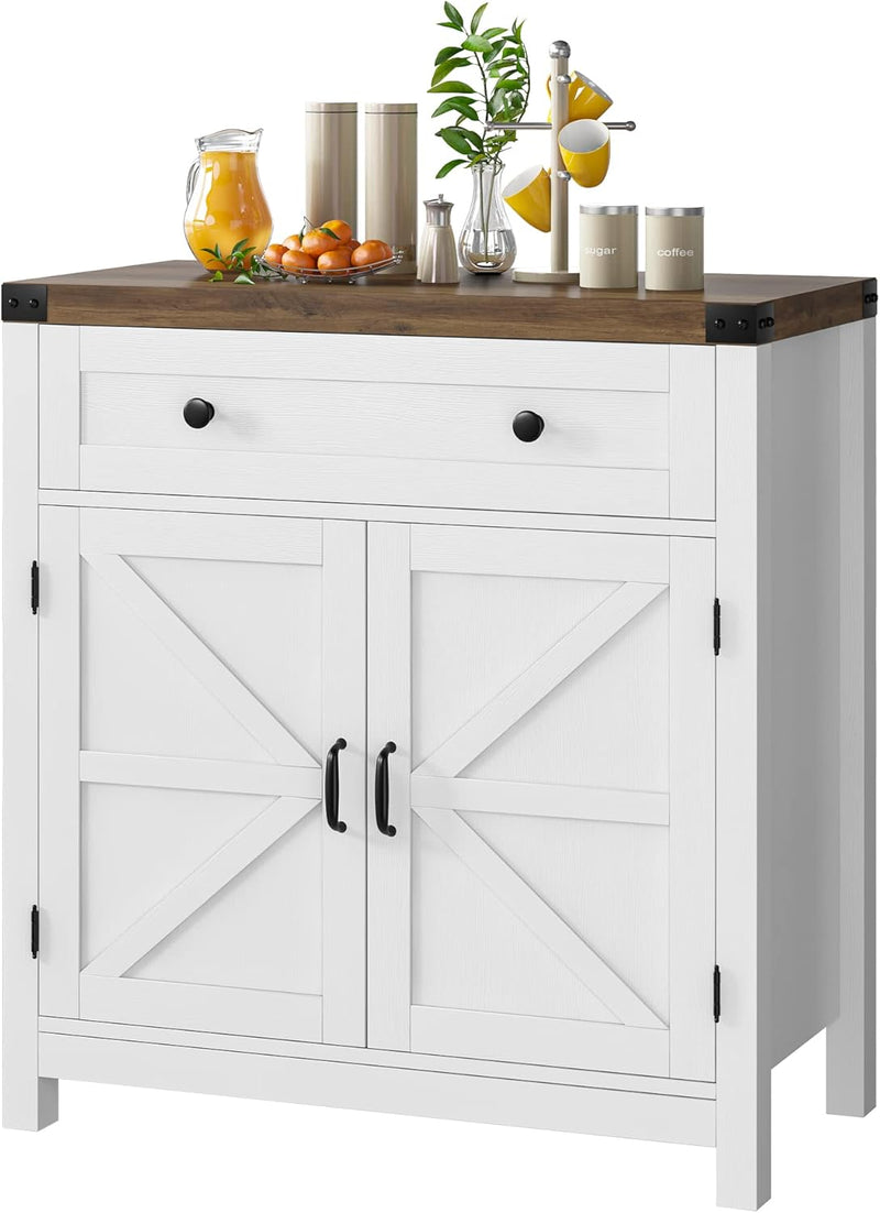 Coffee Bar Cabinet, Kitchen Storage Cabinet, Modern Farmhouse Buffet Sideboard with Drawer and Adjustable Shelf, Barn Door Accent Cabinets for Kitchen, Dining Room, Entryway, White Q1