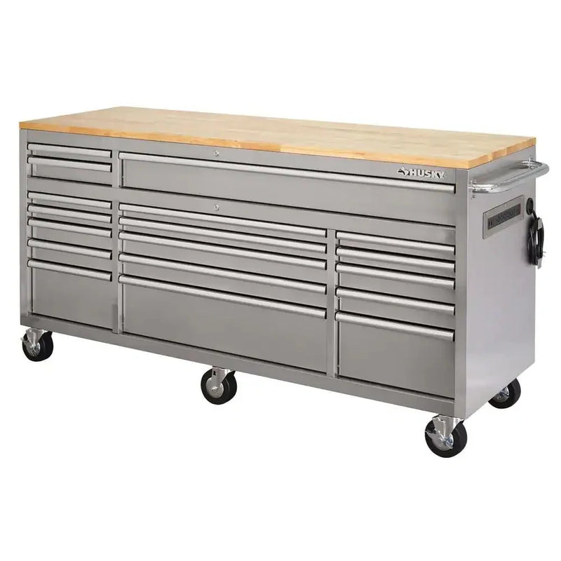 72 in 18-Drawer 24 in. D Mobile Workbench with Solid Wood Top Stainless Steel A0