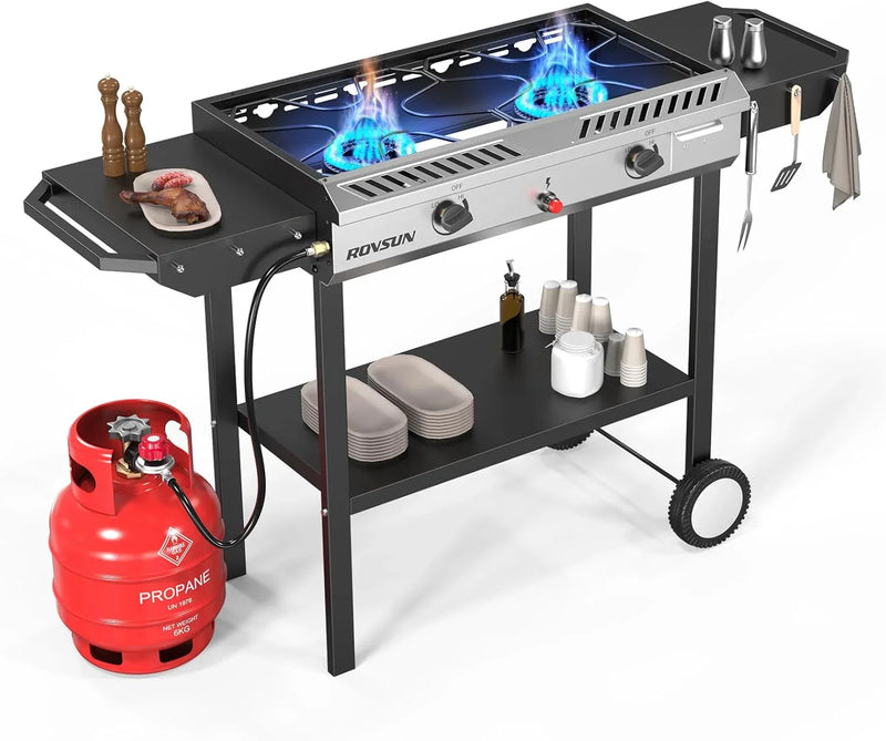 2 Burner Outdoor Propane Gas Stove with Griddle, Auto-ignition, Regulator & Side Shelves, 150,000 BTU Powerful Stand Cooker for Backyard Cooking Home Brewing Canning Frying Grilling T9