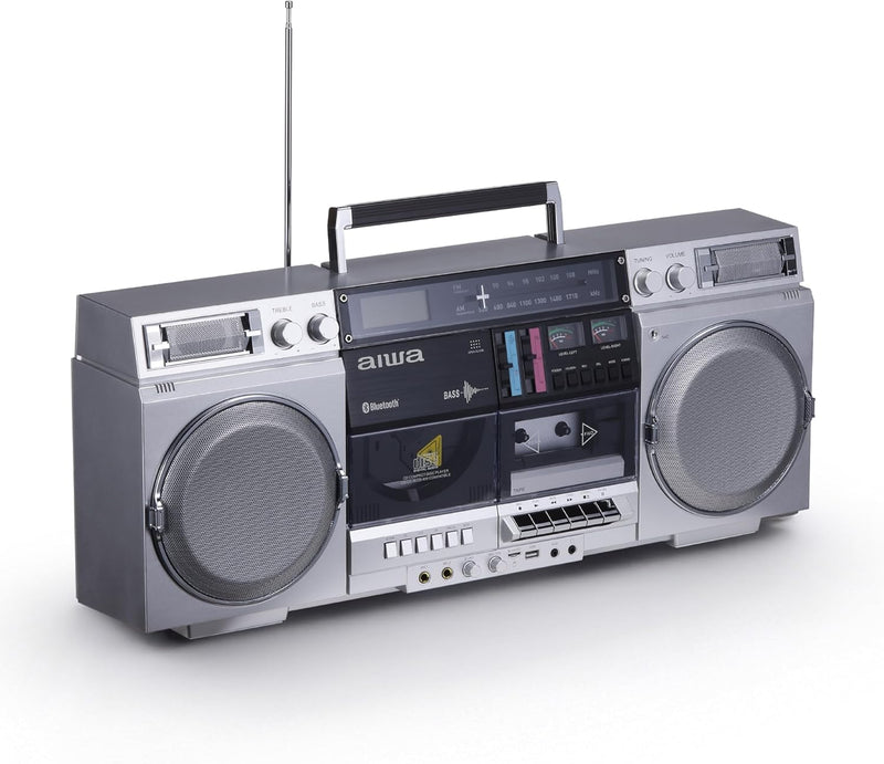 Retro-style portable CD player, featuring tape recording function, Bluetooth 5.0 technology, FM/AM radio, USB/SD/AUX input interfaces, VU meter, LCD display, dual 40-watt speakers - silver E7