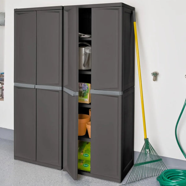 Storage Cabinet, Rugged Plastic Garage Organizer with Double Doors, 4 Adjustable Shelves, Gray Z1