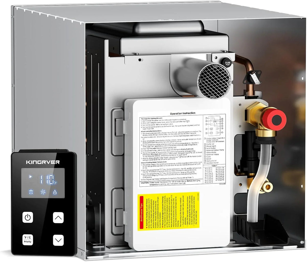 RV Tankless Water Heater without Door, , Propane Gas, DC 12V, 3 Optional Door Sizes 15"x15", 15"x18" and 18"x18" for Refitment, Compatible with All RVs, Sufficient Power, High Altitude