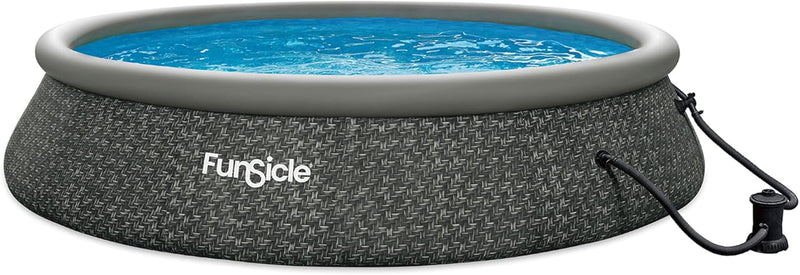 12 Foot by 36 Inch Quickset Round Inflatable Ring Top Outdoor Above Ground Swimming Pool Set with Pump and Cartridge Filter, Dark Herringbone I2