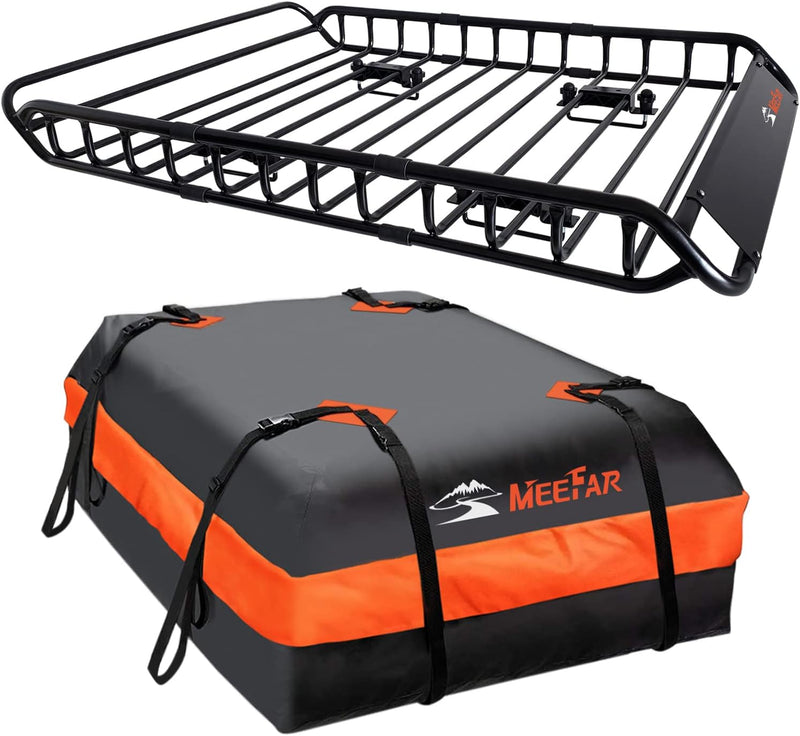 Roof Rack Carrier Basket Universal Rooftop 51" X 36" X 5" Waterproof Bag 15 Cubic Feet (44" 34" 17"), and Cargo Net with Attachment Hooks, Ratchet Straps M3