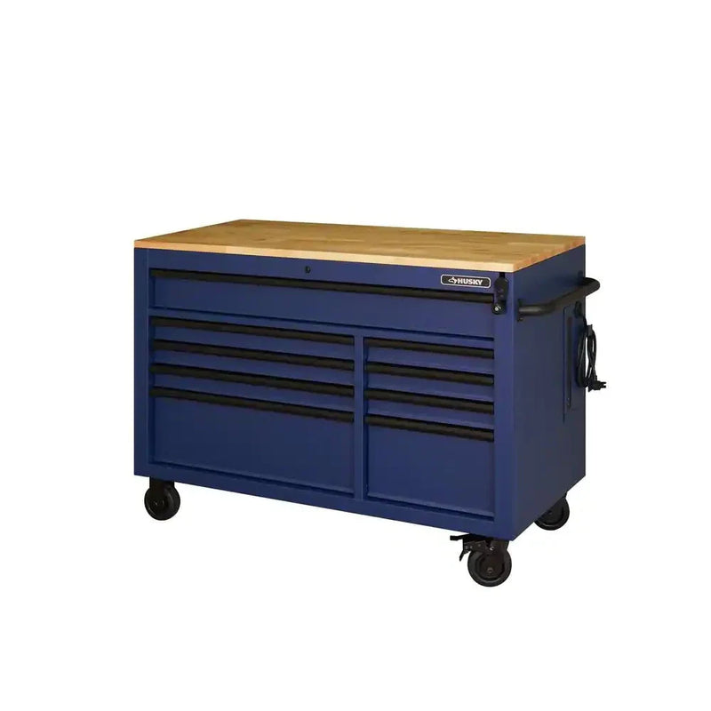 Heavy-Duty 52 in. 9-Drawer Mobile Workbench with Adjustable-Height Solid Wood Top in Matte Blue E6