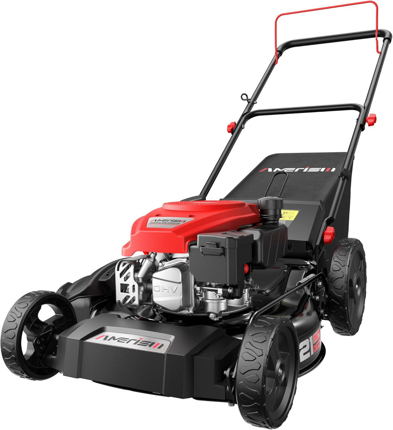 21" Steel Deck Gas Lawn Mower, 3-in-1 Push Mower, 144cc 4-Stroke OHV Engine, 6 Height Adjustment, 1.4 Bushel Grass Catcher with Bagging, Mulching & Side Discharge Efficient for Yard Garden G5