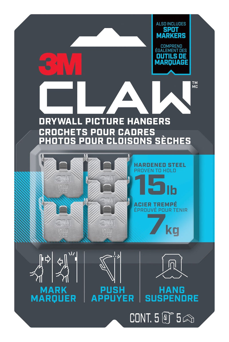 3M Claw DrywAll Picture Hanger, 15-lb Capacity, 5 Hangers per Pack B3