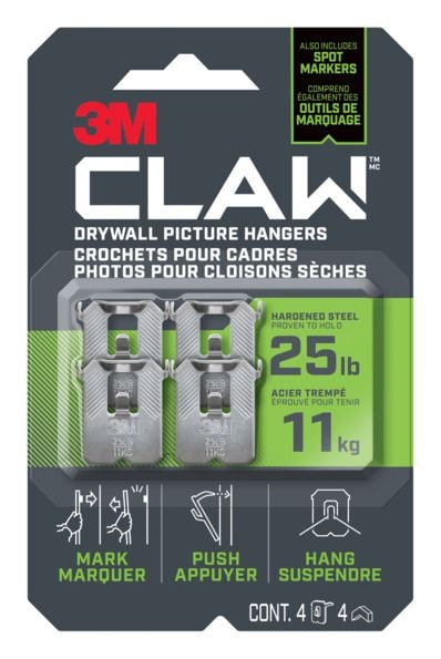 3M Claw DrywAll Picture Hanger, 25-lb Capacity, 4 Hangers per Pack S1