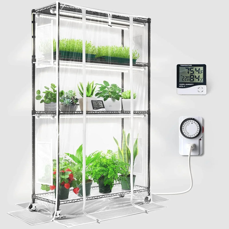 Barrina Mini Greenhouse with LED Grow Light for Indoor Plant, 4-Tier Portable Metal Plant Stand with Wheels, Plant Shelf with Tent, 6Pcs Plant Light with Timer and Thermo-Hygrometer, 35.4x13.8x59IN Z8
