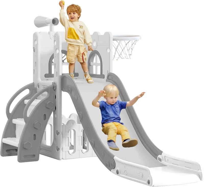 6 in 1 Toddler Slide for Toddler Age 1-3,Kids Climber Slider for Indoor Outdoor Playground with Basketball Hoop,Storage and Telescope,L Shaped Slide for Toddler Climber Playset A0