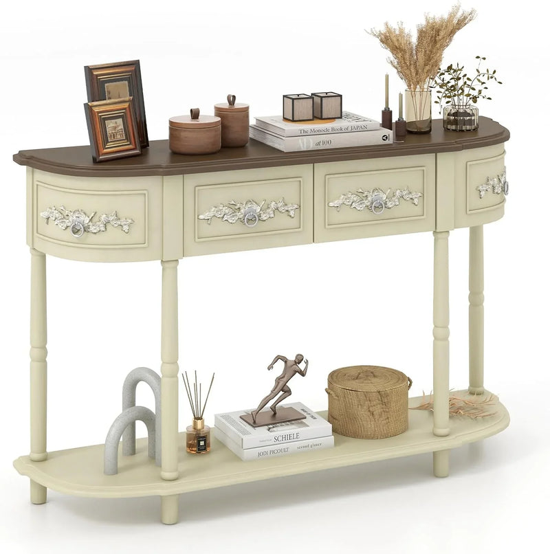 Retro game console table with drawer, 52-inch narrow sofa table with open shelves, table with storage function at the half-moon entrance, solid wood legs, entrance table for retro living room corridor, beige color scheme E2