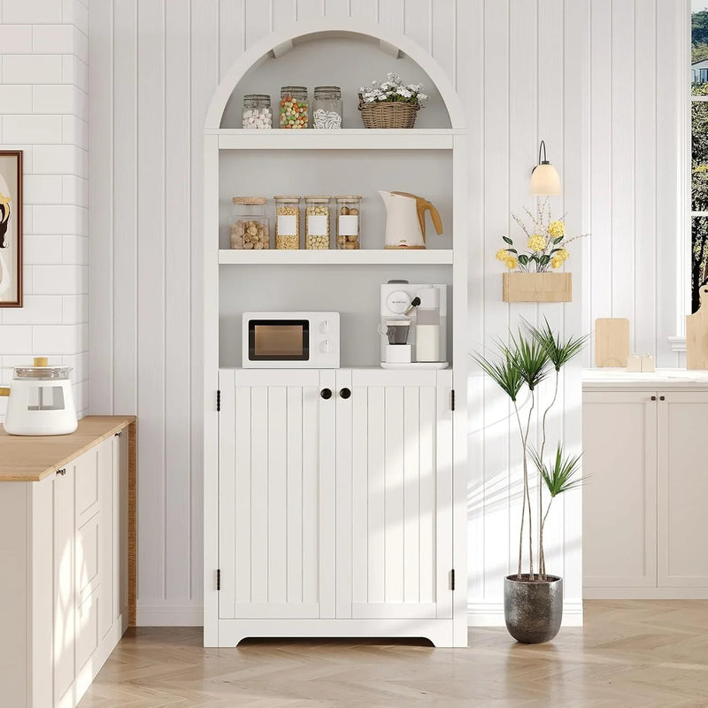 72'' Tall Farmhouse Bookcase, 5 Tier Arched Bookshelf with Double Doors & Adjustable Shelf, Display Storage Shelves, for Bedroom, Living Room, Home Office Q9