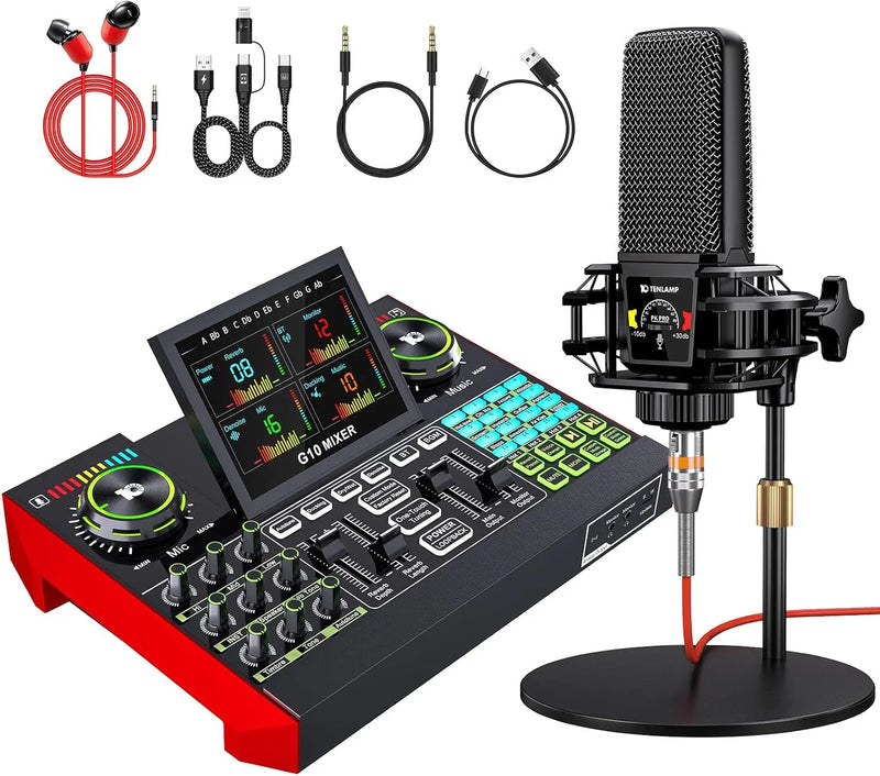 Podcast Equipment Bundle,with 3.5mm Condenser Microphone & Live Sound Card - Audio Mixer for Streaming, PC/Mobile Live Singing, Gaming Content Creators, Soundboard with USB Computer Interface Q9