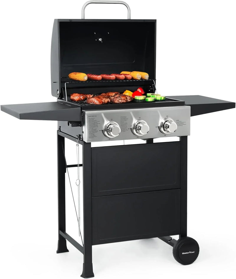 Burner BBQ Propane Gas Grill, Stainless Steel 30,000 BTU Patio Garden Barbecue Grill with Two Foldable Shelves J0