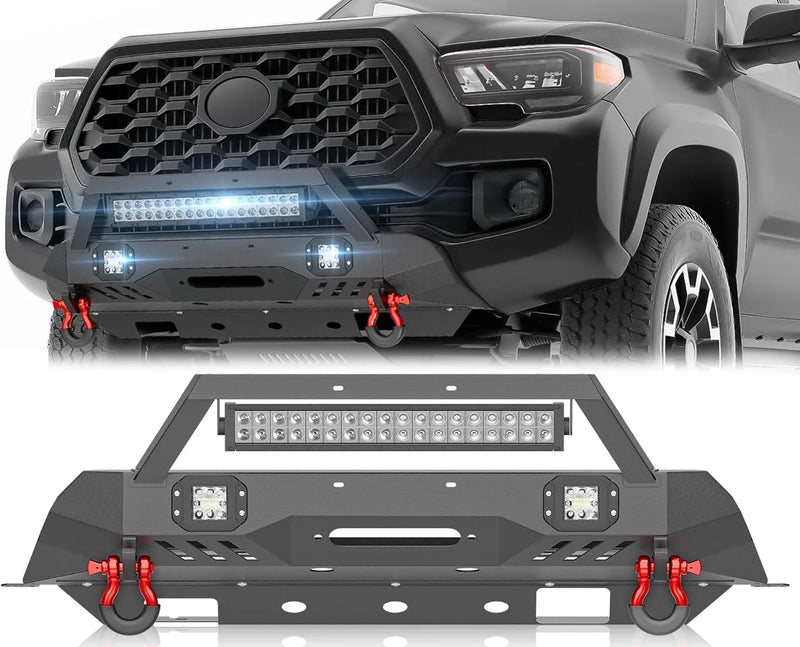 for Tacoma 3rd Gen Stubby Front Bumper Compatible with 2016 2017 2018 2019 2020 2021 2022 2023 Toyota Tacoma with Skid Plate, Winch Plate, License Plate Frame, LED Lights & D-rings, Black G3