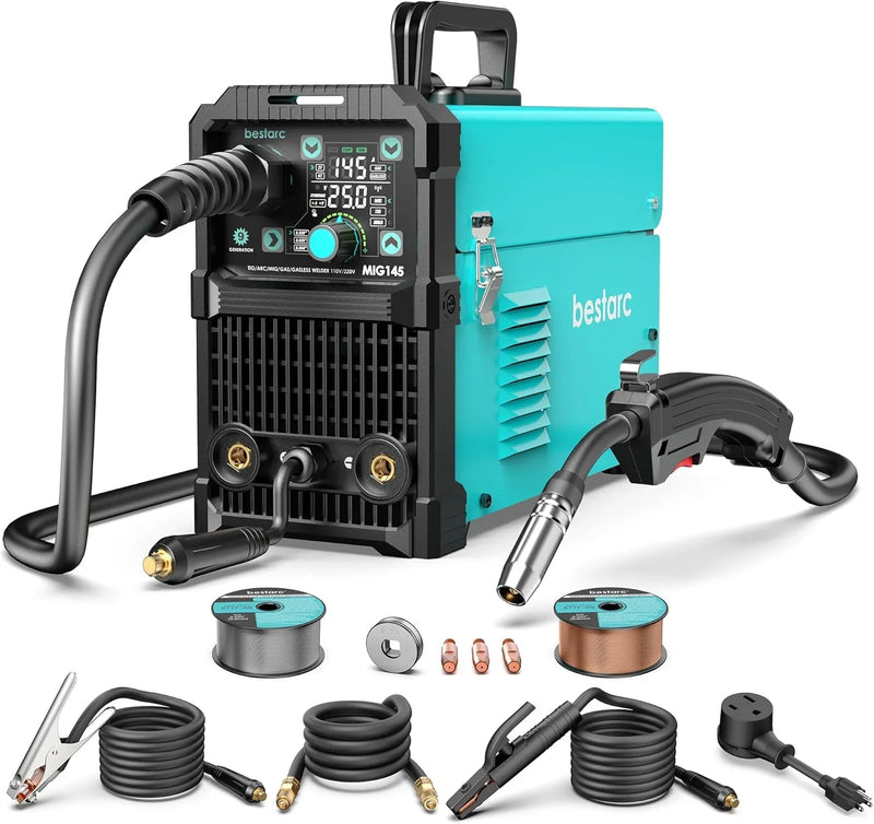 145A MIG Welder, 110V/220V Dual Voltage Gas/Gasless Flux Core MIG Welder/Lift TIG/Stick 3 in 1 Synergic MIG145 9GEN Welding Machine, Flux/Solid Welder Digital Screen Display L3