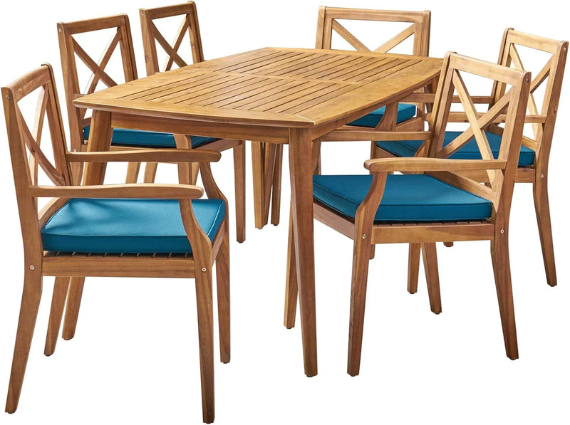 7-piece cherry wood dining set, teak surface / blue J7