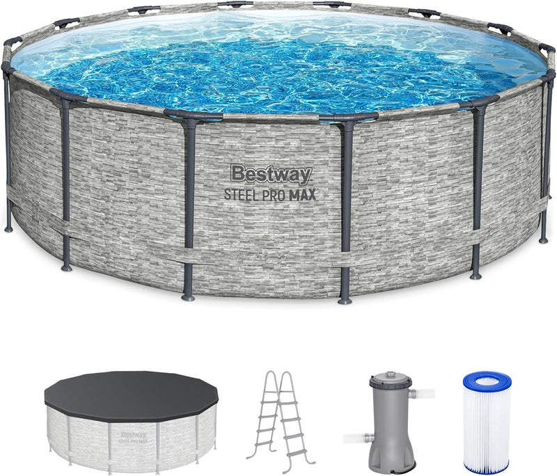 Above Ground Swimming Pool w/ Pump, Cover, & Ladder, 14' x 48", Steel Pro MAX, Gray - Backyard Outdoor Round Pool w/ Filter, 42-Inch Deep Water X1
