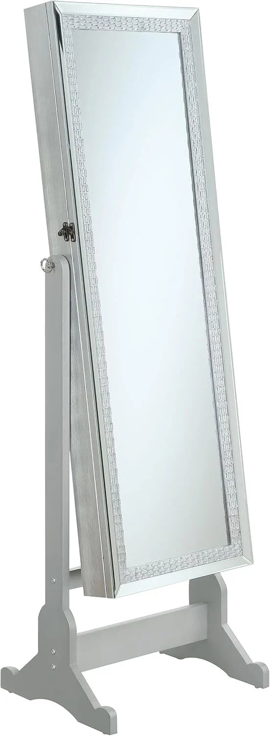 Mounted-style mirror cabinet, featuring jewelry storage function, with a design allowing the entire length to be tilted, rectangular shape - bedroom - silver color N2