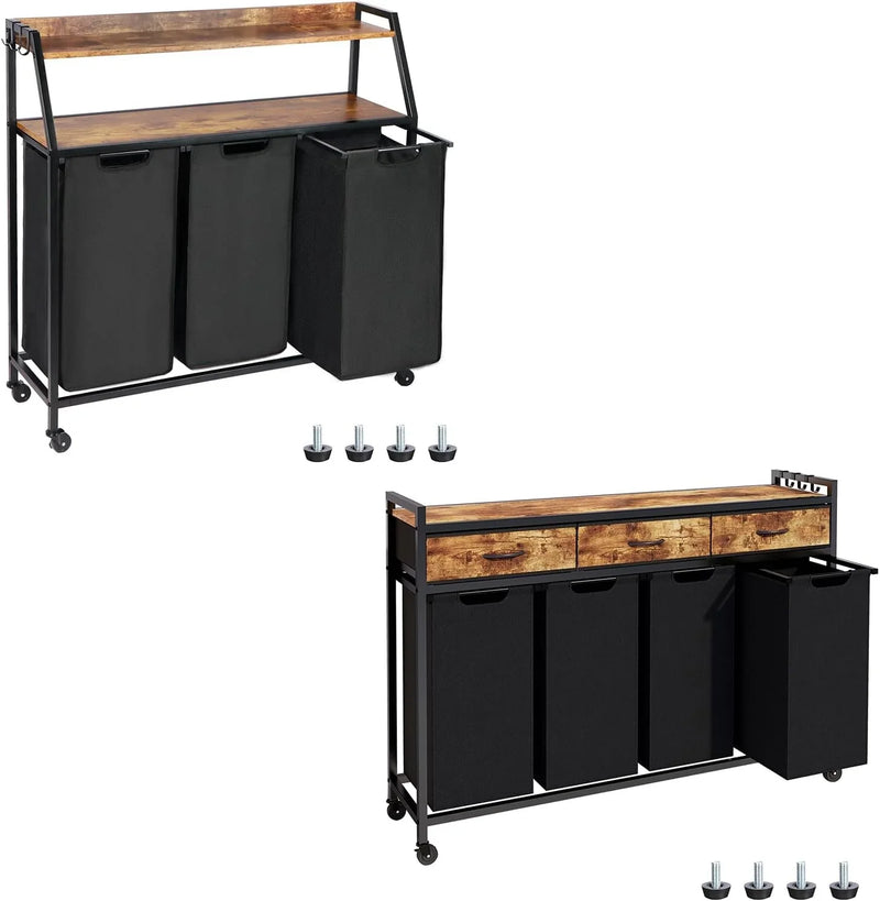 Two Laundry Hamper, Rolling Laundry Sorter with Wheels, 4 × 14.5 Gal (55 L), Pull-Out and Removable Laundry Bags, for Laundry Room, Rustic Brown S1