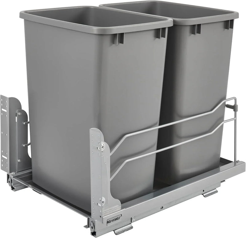 A double pull-out trash can suitable for the bottom of kitchen cabinets, with a capacity of 35 ounces (approximately 0.875 gallons), equipped with a gentle closing sliding mechanism, and in the color of Orison Gray. N3