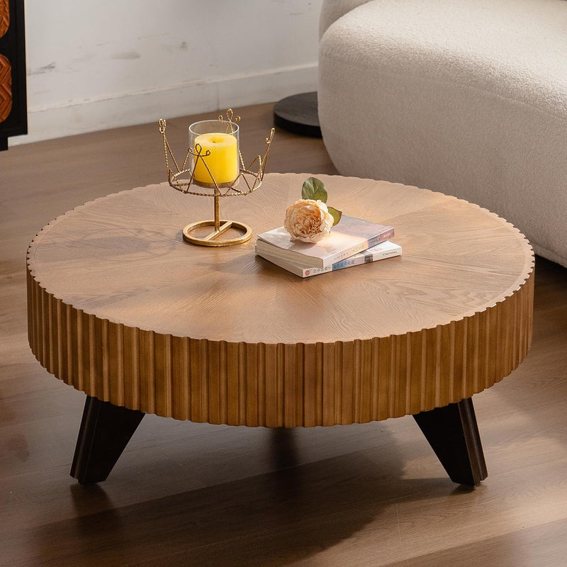 35" Contemporary Round Coffee Table, Coffee Tables Blending Traditional Decor, Solid Wood Center Table for Living Room, Natural X7