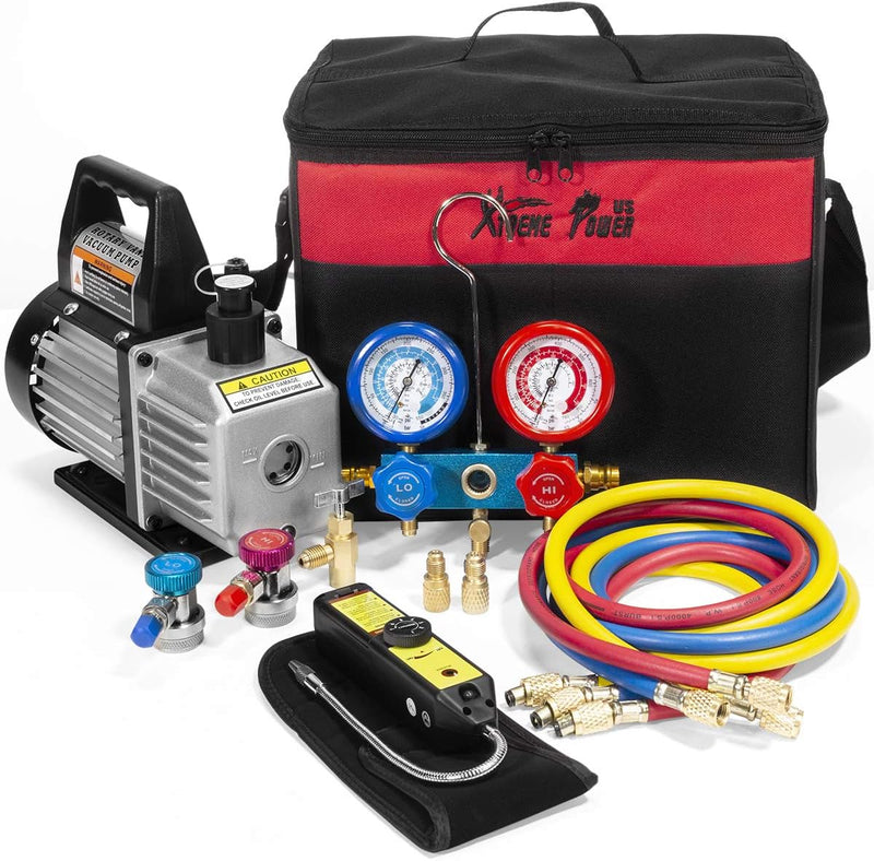 Premium 4CFM Air Vacuum Pump HVAC A/C Refrigeration Kit AC Manifold Gauge Case Set R134a Tap w/Leak Detector and Carrying Tote Bag W5