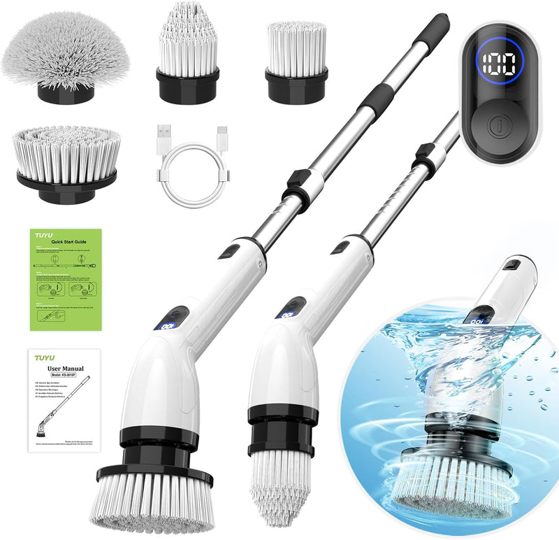 Electric Spin Scrubber, Full-Body IPX7 Waterproof Bathroom Scrubber with Power LCD Display, Adjustable Extension Handle, Cordless Shower Cleaner Brush for Bathtub Kitchen Wall Cleaning K0