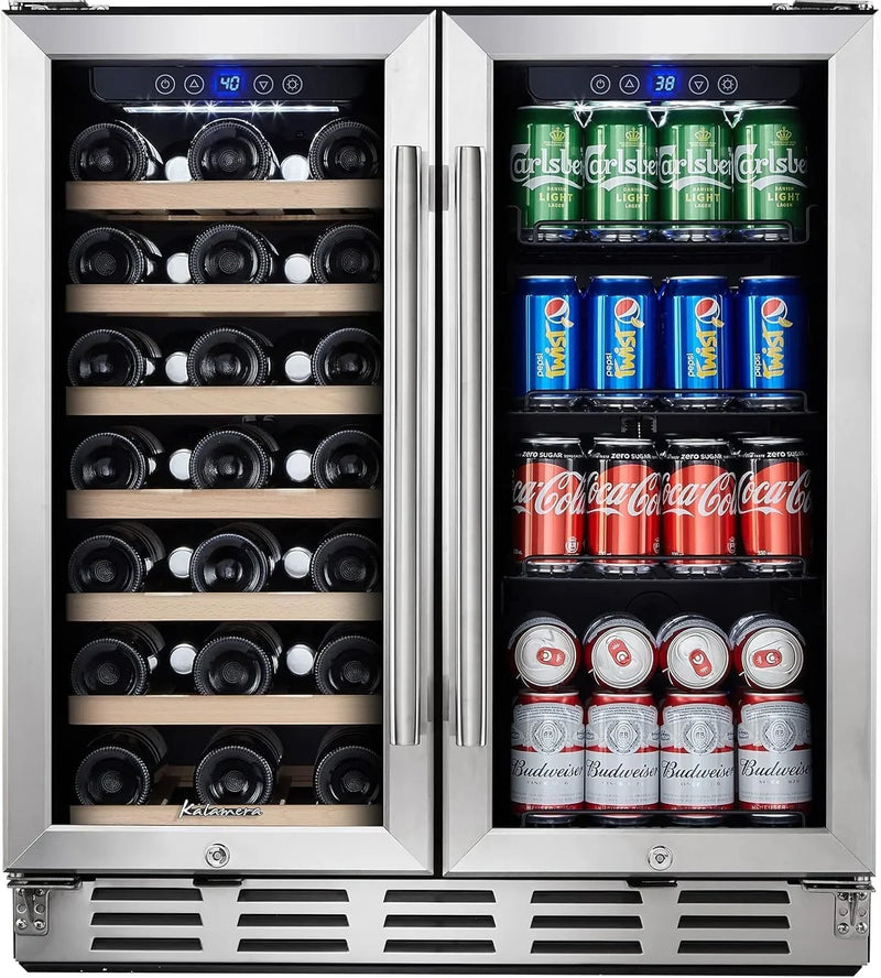 24 inch Wine Cooler, 46 Bottle - Dual Zone Built-in or Freestanding Fridge with Stainless Steel Reversible Glass Door, for Home, Kitchen, or Office. T4