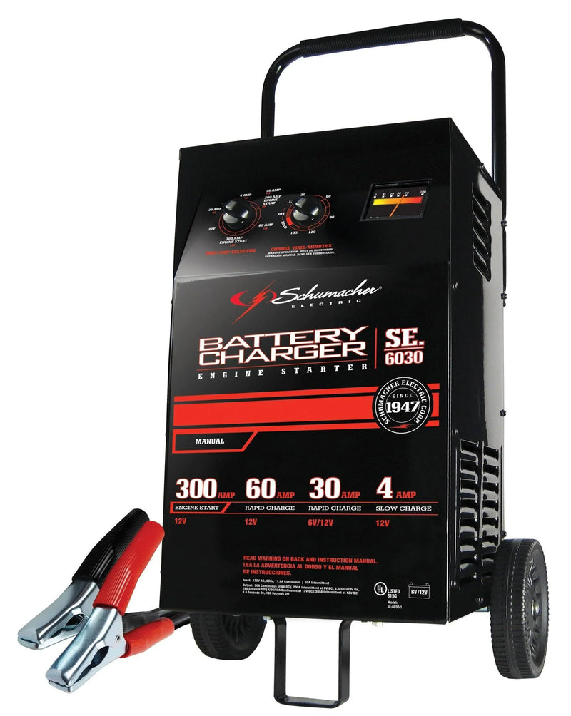 Electric Wheeled Battery Charger and Engine Starter, SC1446, 2-in-1, manual timer control, 300 crank amps, 6 volts, 12 volts, for car, SUV, truck and Marine batteries J2