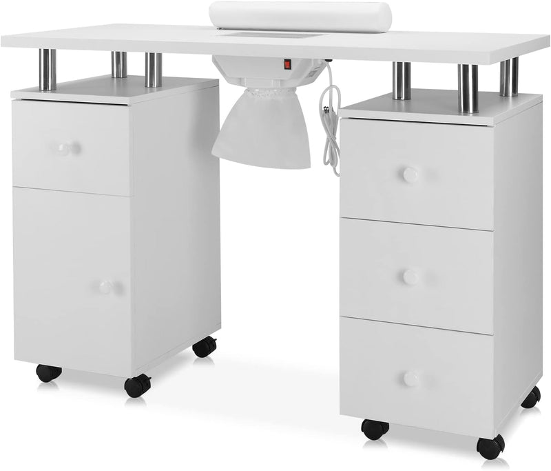 Manicure Table Nail Desk for Nail Tech w/Electric Dust Collector & Wrist Rest, Acetone Resistant Top Beauty Salon Nail Supplies Decor Station w/Lockable Wheels, Cabinet, Drawer (White) R6