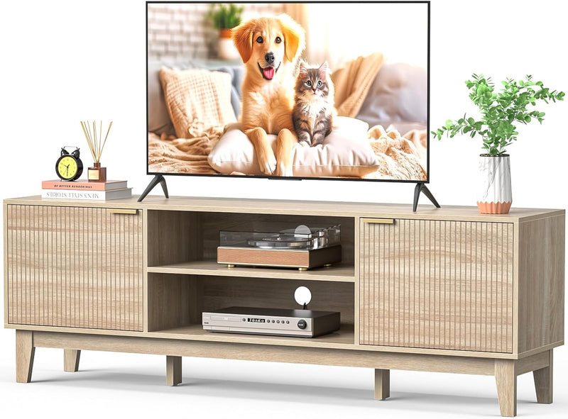 70" TV Stand for Living Room, Fluted Mid-Century Modern TV Console for TVs up to 80 inch, Farmhouse Entertainment Center with 2 Storage, Media Console Table for Living Room, Oak R9