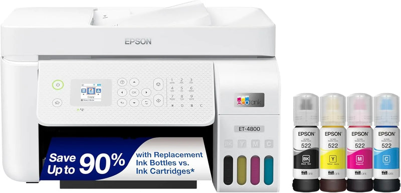 Epson EcoTank ET-4800 Wireless All-in-One Inkjet Printer, Scanner, Copier, Fax, ADF, Ethernet, White Q4