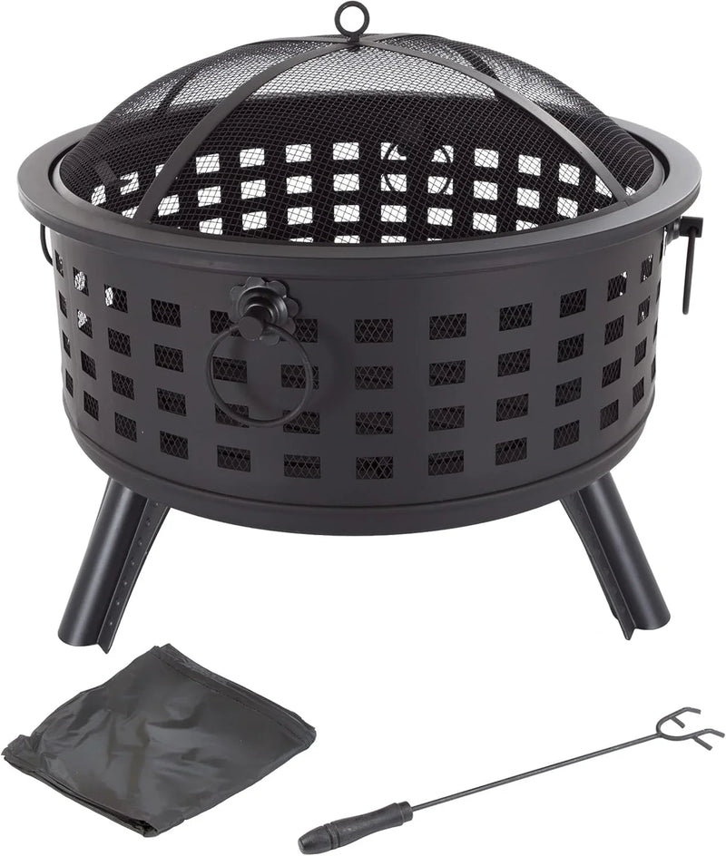Outdoor Fire Pit - 26-Inch Round Lattice Wood Burning Firepit with Screen, Poker, Grate and Cover - Wood Fire Pits & Outdoor Fireplaces by Pure Garden I0